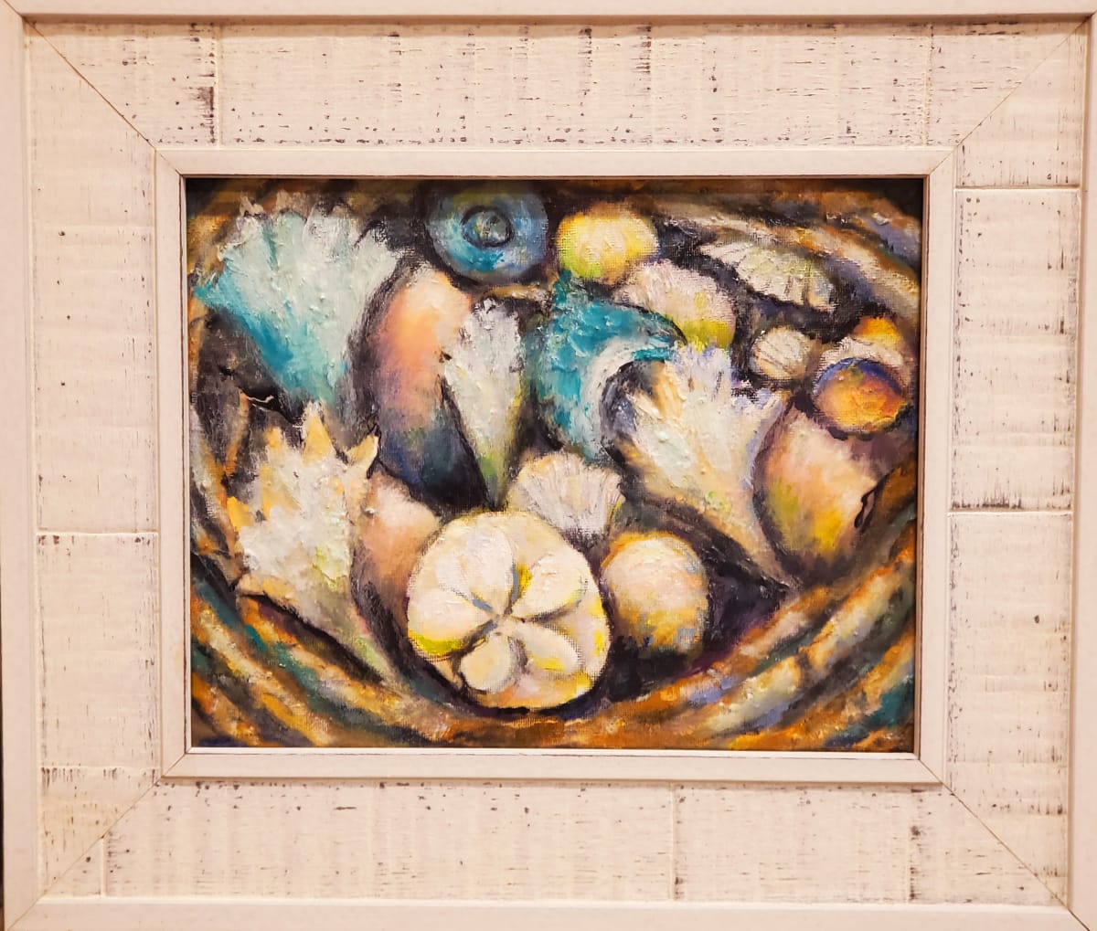 Shell Basket II (SOLD) by Susan Bryant  Image: This painting is a view of some of my mother's seashells in an old basket.