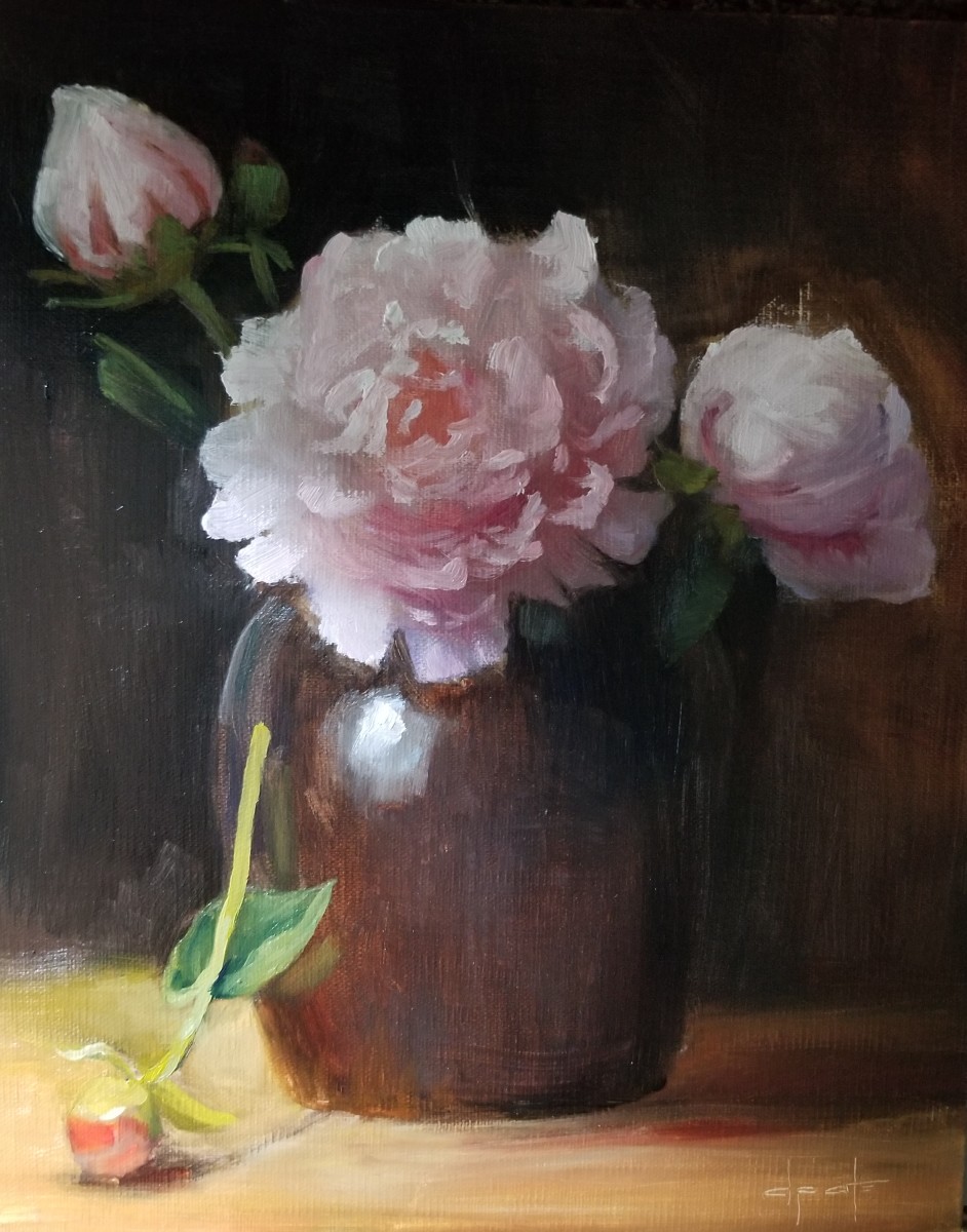 Peony in Brown Jar by Donna Pate 