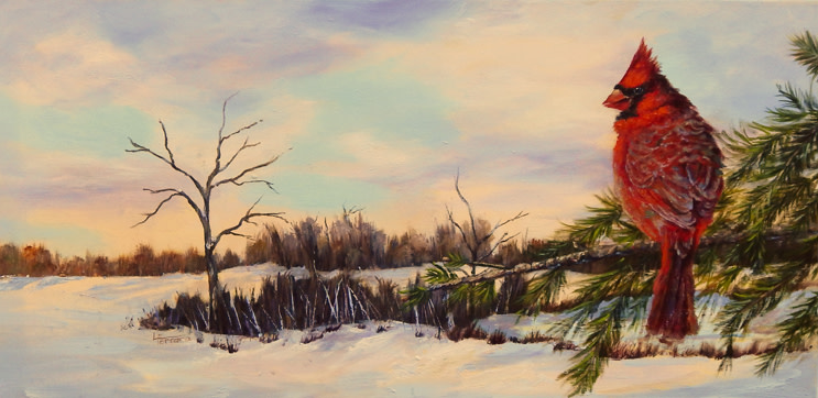 Cardinal in the Pines by Lina Ferrara 
