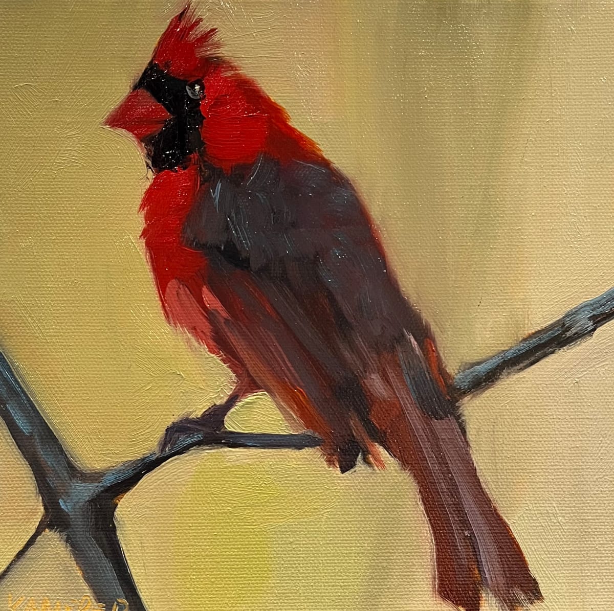 Side-Watching Cardinal by Mary Kamerer Impressionist Painting  Image: This charming perched cardinal bursts with color against a soft green background. He’s ready to hang as he’s framed in a natural wood floating frame. 