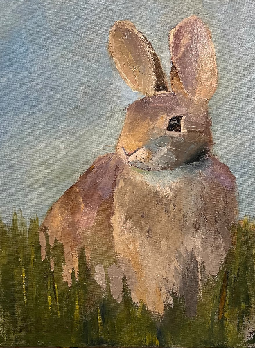 Spring Rabbit by Mary Kamerer Impressionist Painting  Image: Sweet Spring colors are in this adorable fellow—soft blues, pinks, violets and greens.  Lots of texture on this painting with liberal use of the palette knife