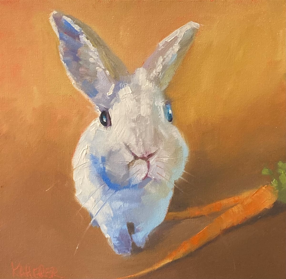 Carrot Love by Mary Kamerer Impressionist Painting  Image: A sweet rabbit and his carrot stash. 