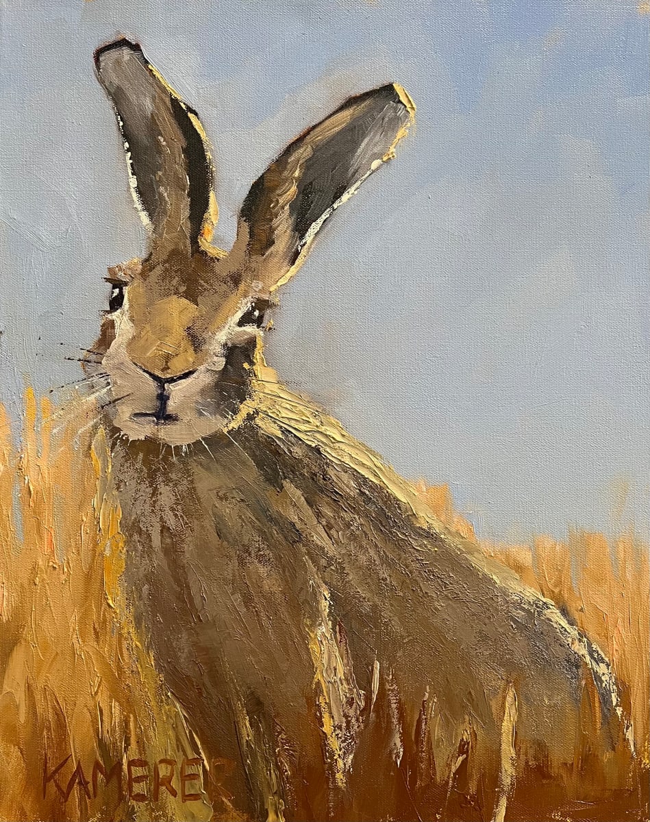 Textured Hare by Mary Kamerer Impressionist Painting  Image: It all about the texture in this serious rabbit. Lots of palette-knife work makes this hare wonderfully textured and rich in warm colors of Fall.