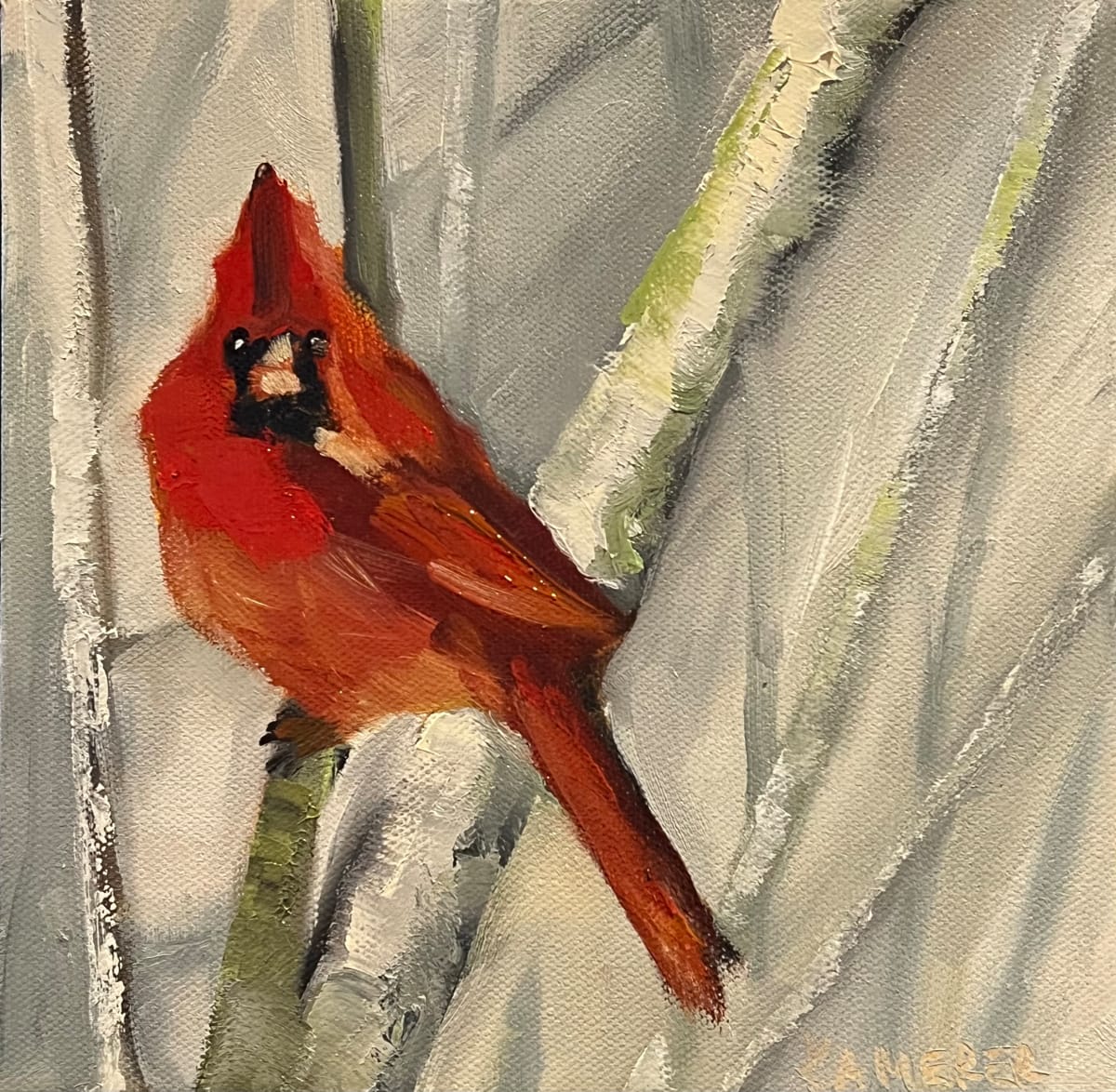 Winter Cardinal by Mary Kamerer Impressionist Painting  Image: All the crisp vibrancy of winter in a little painting!  This happy fellow can sit on a shelf or hang on a wall—he’s framed in a natural wood floating frame. 