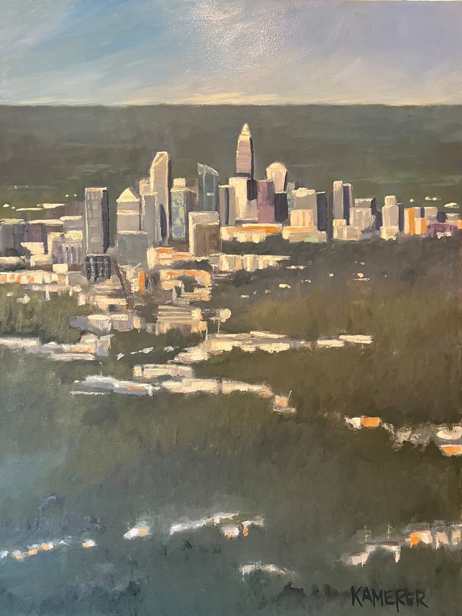 Approaching CLT by Mary Kamerer Impressionist Painting  Image: There’s something about coming back to your home town after traveling.  I love new experiences—the people, the food and scenery—but it was awesome to see Charlotte come up on the horizon.  And with the sunlight hitting it just right, the crown never looked so pretty.