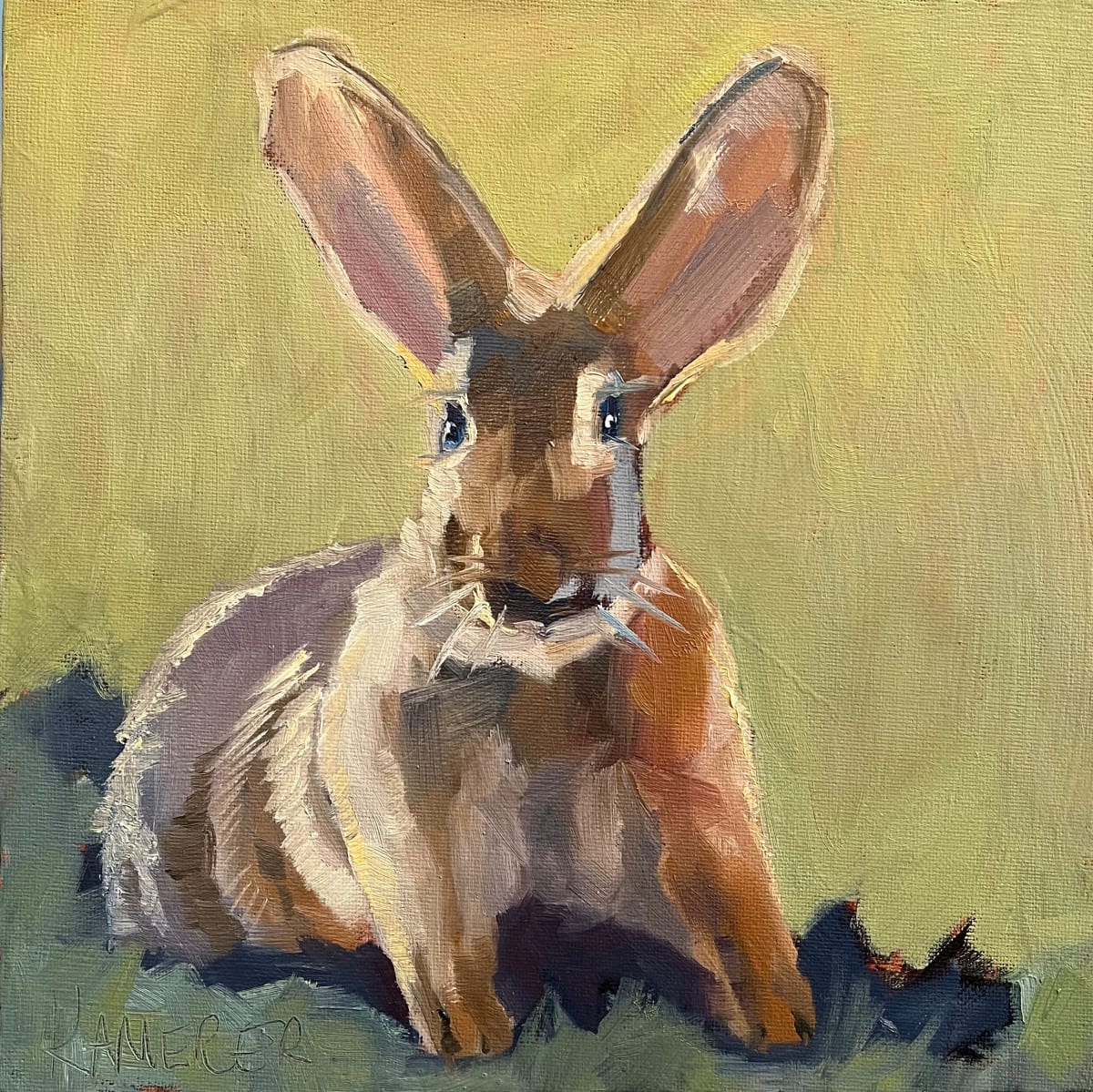 Tiny Rabbit by Mary Kamerer Impressionist Painting  Image: This little treasure packs a punch—big ears and vibrant color! And he’s looking right at you!