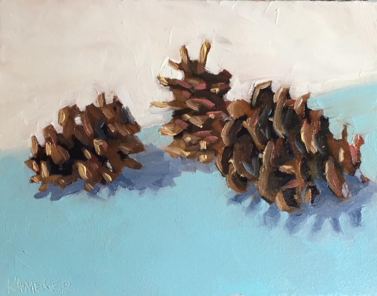 Pinecones on Blue by Mary Kamerer Impressionist Painting 
