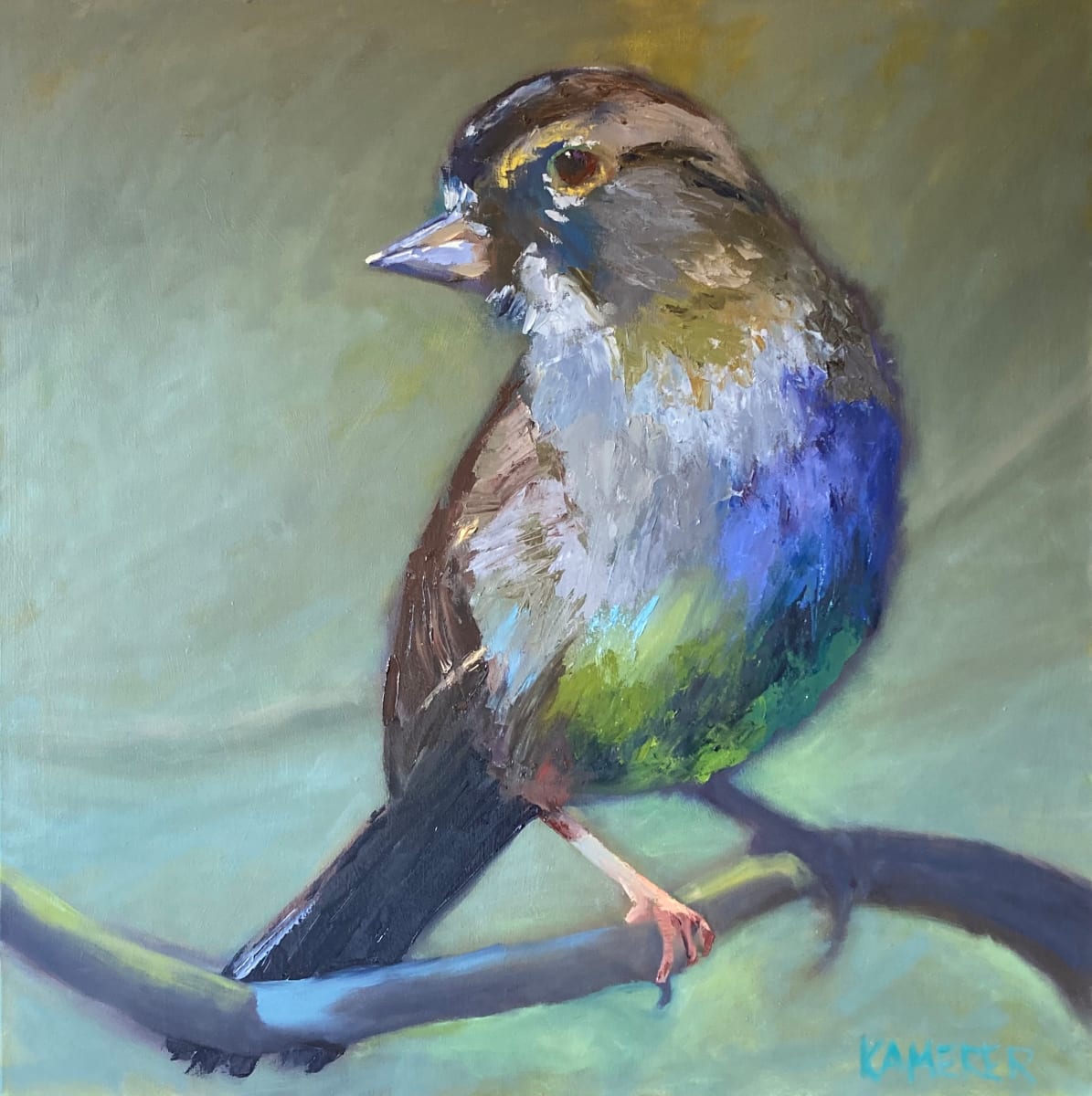 Rainbow Sparrow by Mary Kamerer Impressionist Painting  Image: Beautiful texture and rich colors in this nature-inspired piece! 