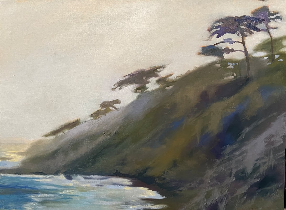 Monterey Cypresses by Mary Kamerer Impressionist Painting  Image: The cypress trees that stand on the Monterey cliffs remind me of bonsai trees. Their unusual shapes, made of twists and turns and umbrella-like canopies are beautifully sculptural on their own.  I had a chance to capture these during an anniversary trip to California’s wine country,   The cool misted air gave a soft, tonal look to the scenery that day. 
Painting is framed in a natural wood floating frame. 