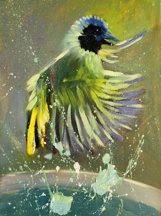 Splish-Splash at the Bird Bath 3 by Mary Kamerer Impressionist Painting 