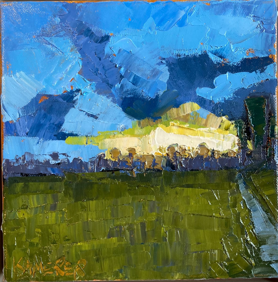 The Road to Sundown by Mary Kamerer Impressionist Painting  Image: From the “Personal Sunset” series.  Framed in a natural floating wood frame. 