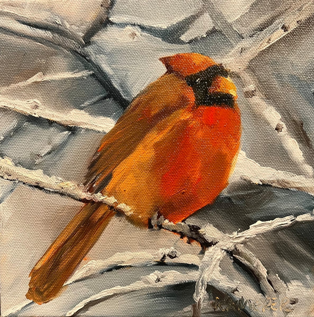 On Winter’s Perch by Mary Kamerer Impressionist Painting  Image: A spark of red to liven your winter decor—this little 8” x 8” oil is perfect for a shelf or wall. And a perfect holiday gift.  Framed in a natural wood floating frame. 