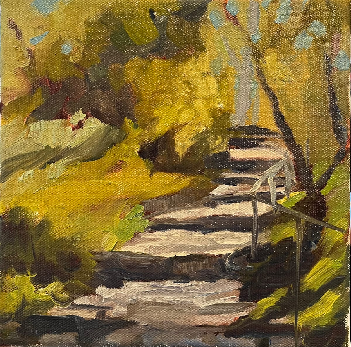 The Steps at Noves, France by Mary Kamerer Impressionist Painting  Image: Painted after attending a workshop in Provence, these ancient steps lead to a scenic view of Noves. Framed in a natural wood floating frame. 