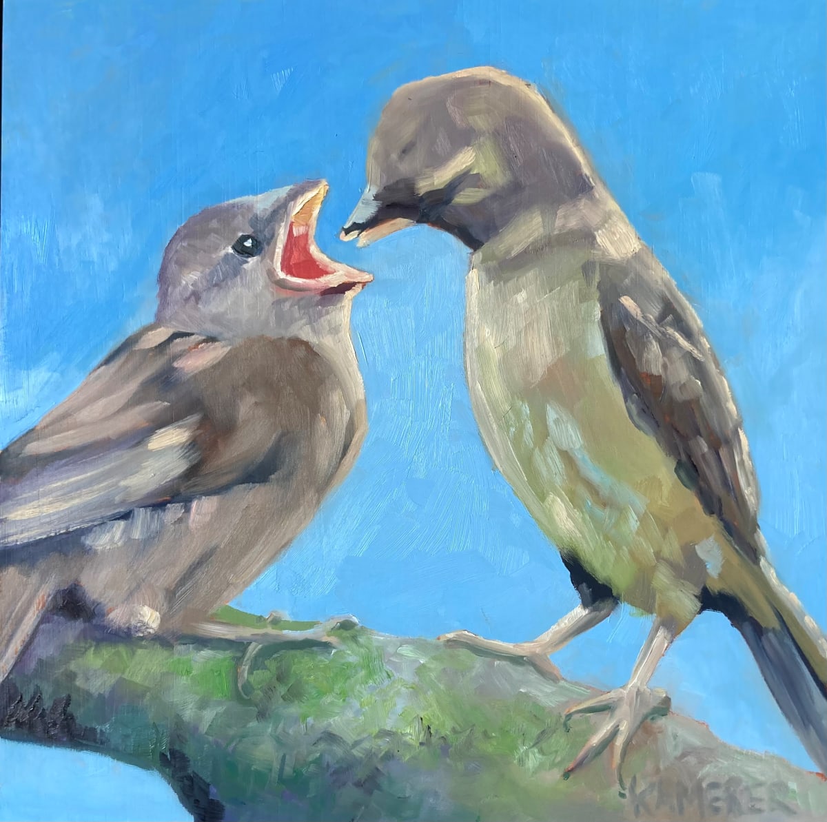 Don’t Ever Grow Up  Image: One minute you seem to be hand-feeding them and the next minute, they are flying the nest. 
This little painting reminds me of a popular song that says, "Oh darlin', don't you ever grow up.  Just stay this little!" 


Custom framed in a natural wood floating frame. 