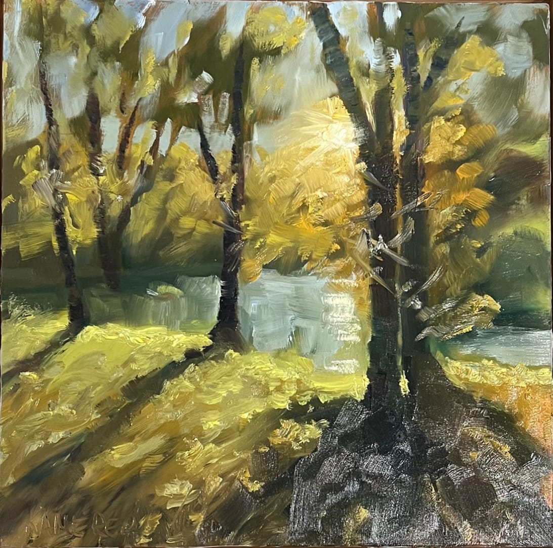 Tree Shadows by Mary Kamerer Impressionist Painting  Image: A revisit to the secret pond behind a local church. I’m enamored by the long shadows and the cool, fresh golds and greens of the landscape—a place I could paint over and over!  