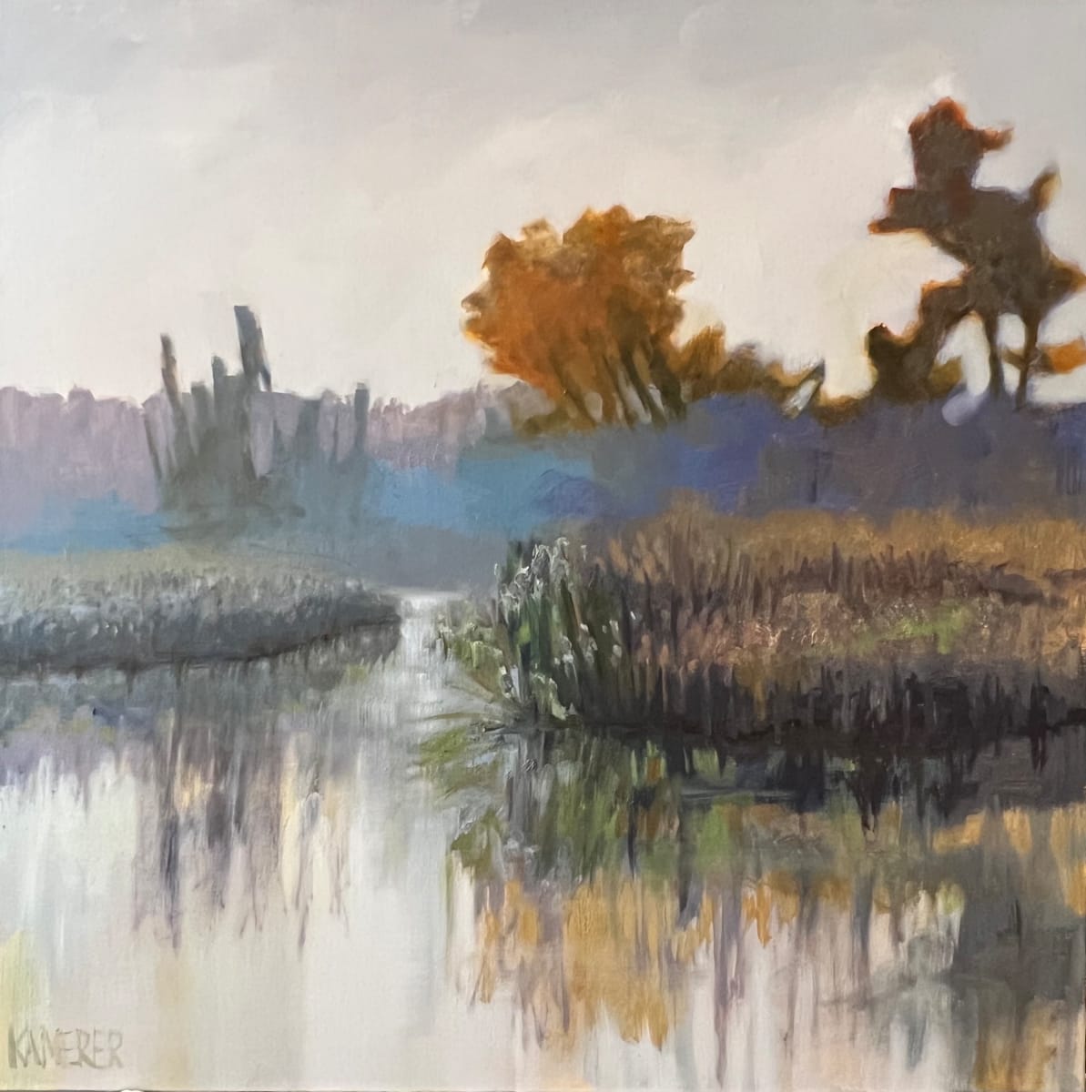 Wind Your Way by Mary Kamerer Impressionist Painting  Image: Soft, cool light of early morning picks up the tonal colors of the marsh.  Wind your way between the high grasses and just  listen . 