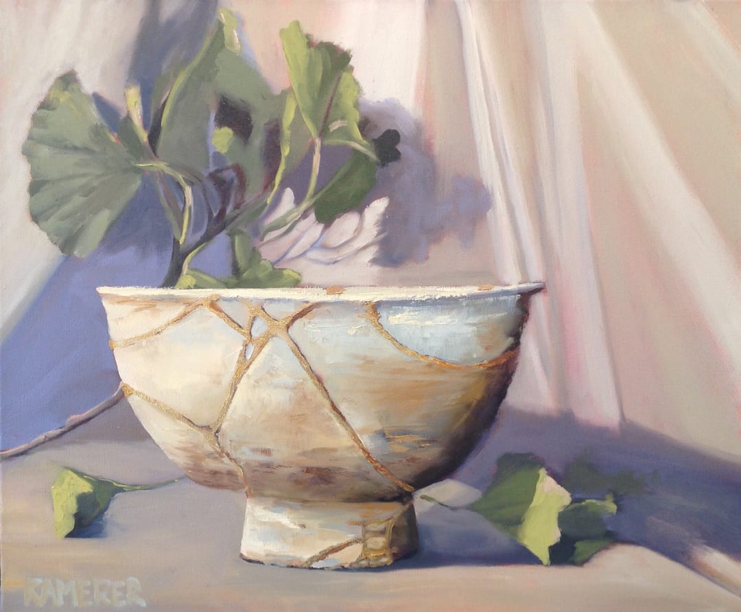 Kintsugi Bowl with Ginkgo by Mary Kamerer Impressionist Painting 