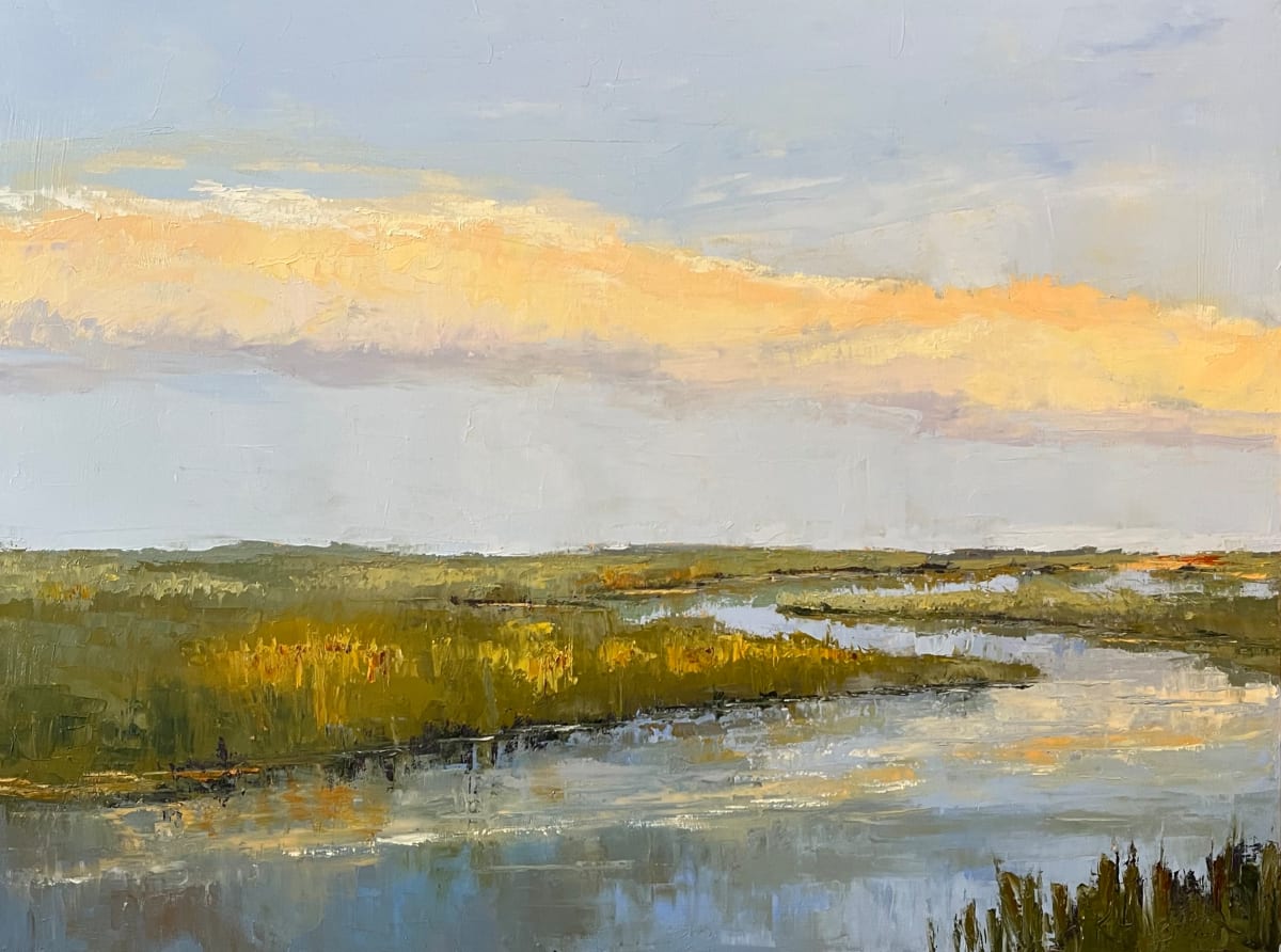 Winding Home by Mary Kamerer Impressionist Painting  Image: Soft, colorful clouds float over a summer marsh. Greens, golds and blues dominate in this painting. I used mostly palette knife for a variety of marks, giving interest and texture. 