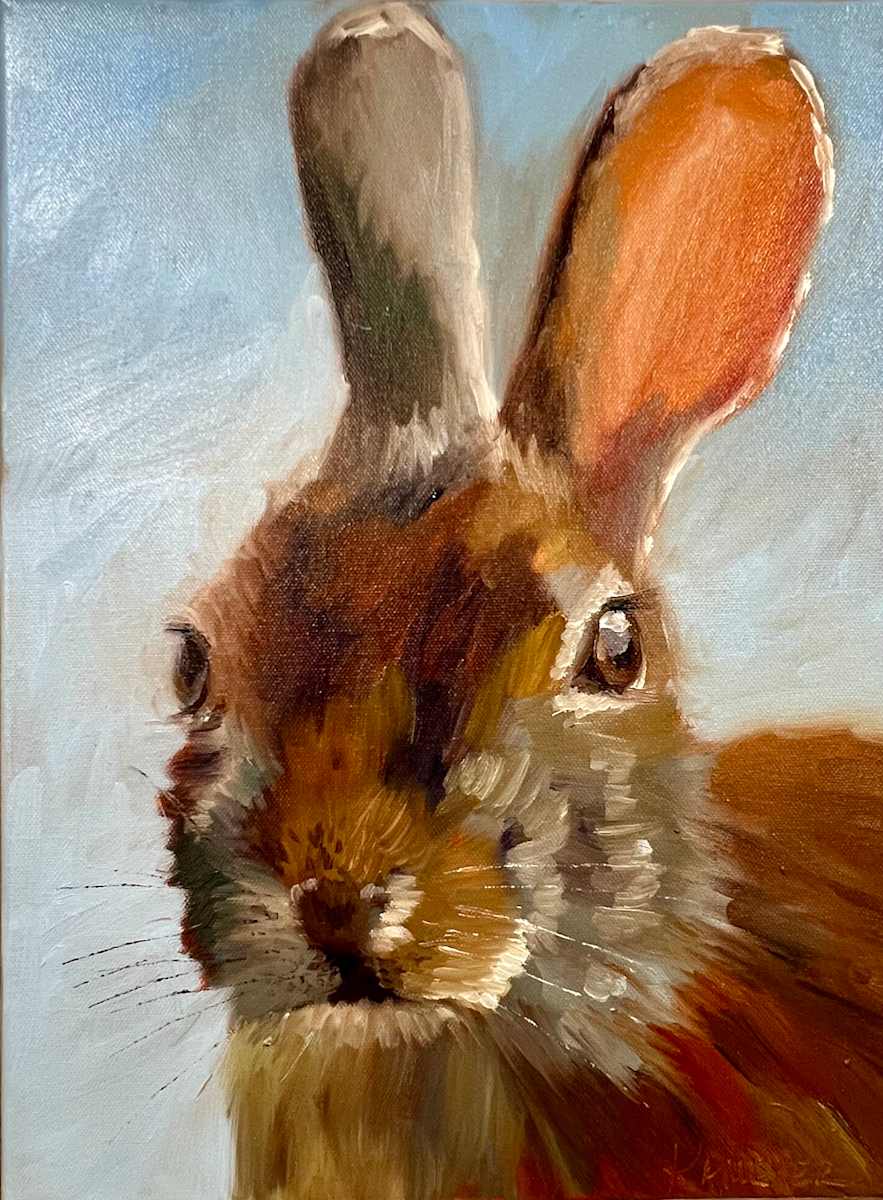 Miss Pink Ears by Mary Kamerer Impressionist Painting  Image: Can this gal get any sweeter?  Just enough light comes through to show the warm glow in her ear—otherwise, she’s got her best coat on in soft browns, blues and golds.  Framed in a natural wood floater frame. 