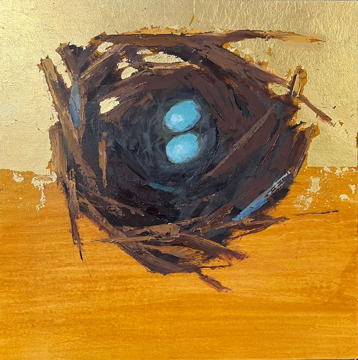 Cradle of Light (Two Eggs) by Mary Kamerer Impressionist Painting  Image: A symbol of hope, new beginnings, and the delicate beauty of nature, this striking oil painting captures the warmth of a carefully woven nest cradling vibrant blue eggs. The rich, textured brushstrokes bring depth and movement, while the luminous gold leaf background adds an ethereal glow, evoking a sense of wonder and reverence. Whether as a gift or a statement piece, this artwork brings a feeling of serenity and possibility into any space. Framed in a simple black wooden floater frame.