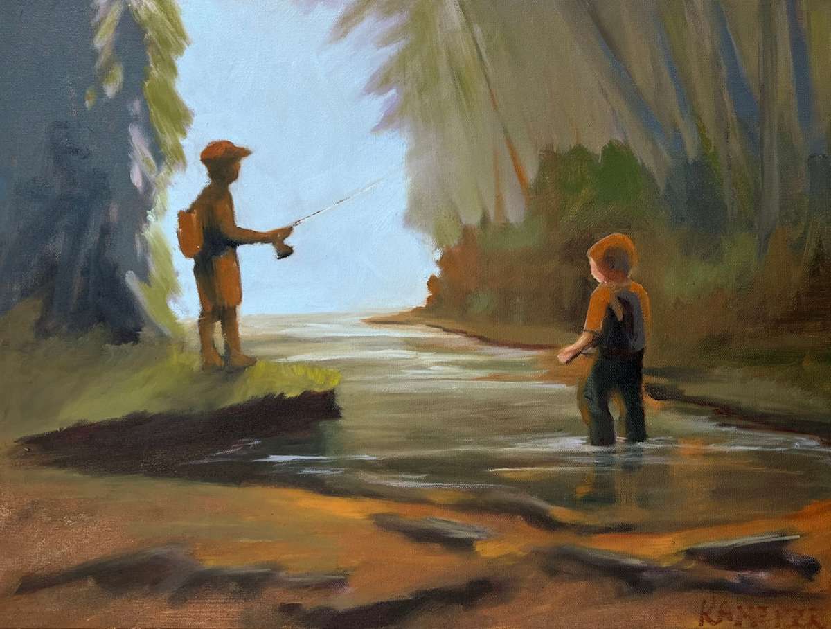 Casting Shadows and Lines by Mary Kamerer Impressionist Painting  Image: This oil painting captures a serene moment in the North Carolina mountains, where two young boys are fishing along a gently flowing stream. One boy stands on the riverbank, silhouetted against the bright, misty sky, casting his fishing line into the water below. His companion wades into the shallow stream, his feet submerged as he eagerly watches the water. The scene is framed by towering trees, their deep greens and earthy browns creating a rich contrast against the hazy blue sky. Sunlight filters through the foliage, casting warm highlights on the boys’ clothing and the rippling water. The impressionistic brushstrokes give a sense of movement— the slow drift of the stream, the sway of branches, and the anticipation of the waiting anglers. This painting evokes nostalgia for childhood adventures in the Blue Ridge Mountains, where time slows, and the simple joys of nature take center stage