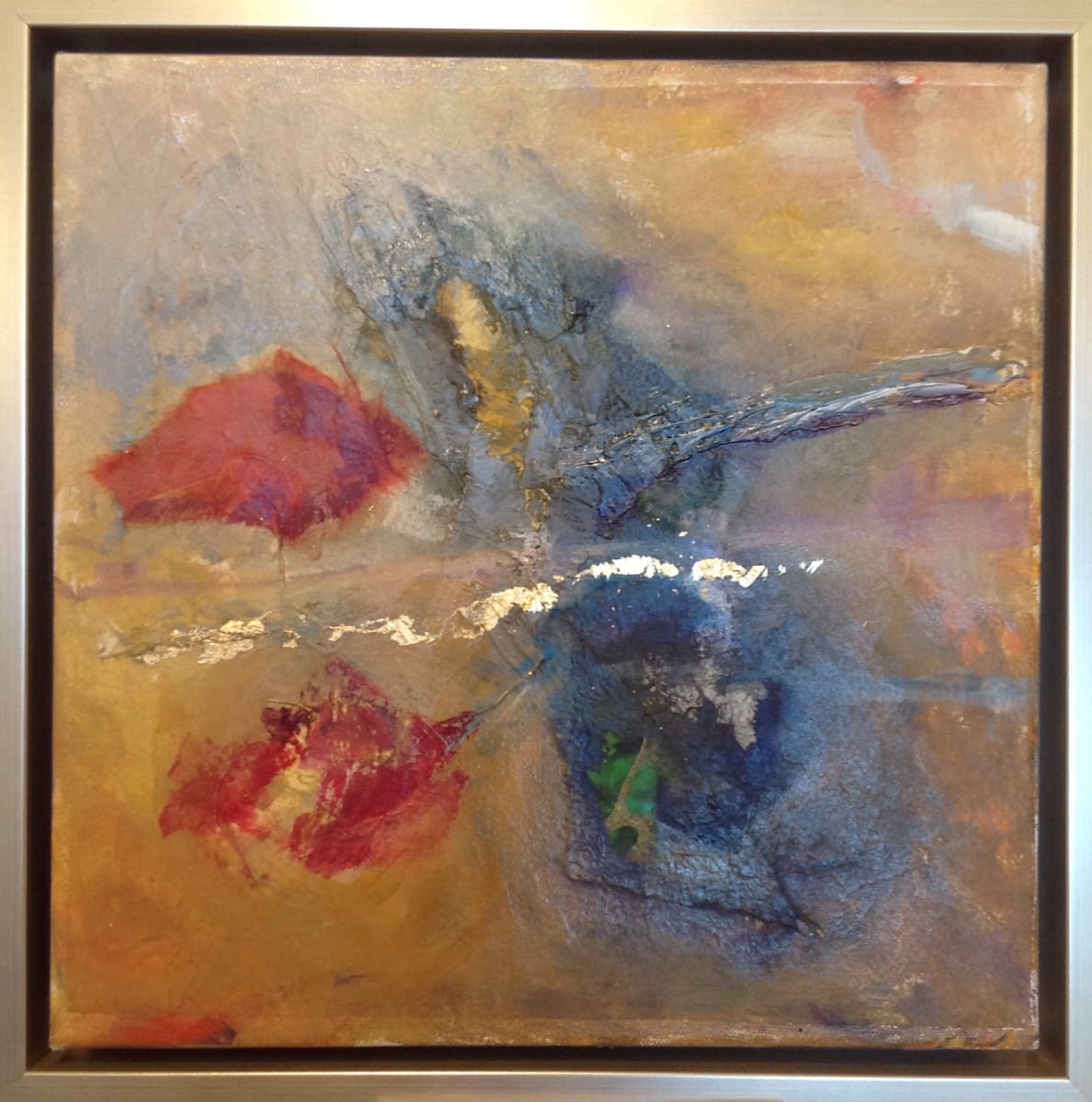 Reflected Rose with Gold Leaf by Mary Kamerer Impressionist Painting  Image: An abstracted rose--mixed media of papers, acrylics, oil paint, and gold leaf.  Framed in a natural wood floating frame. 