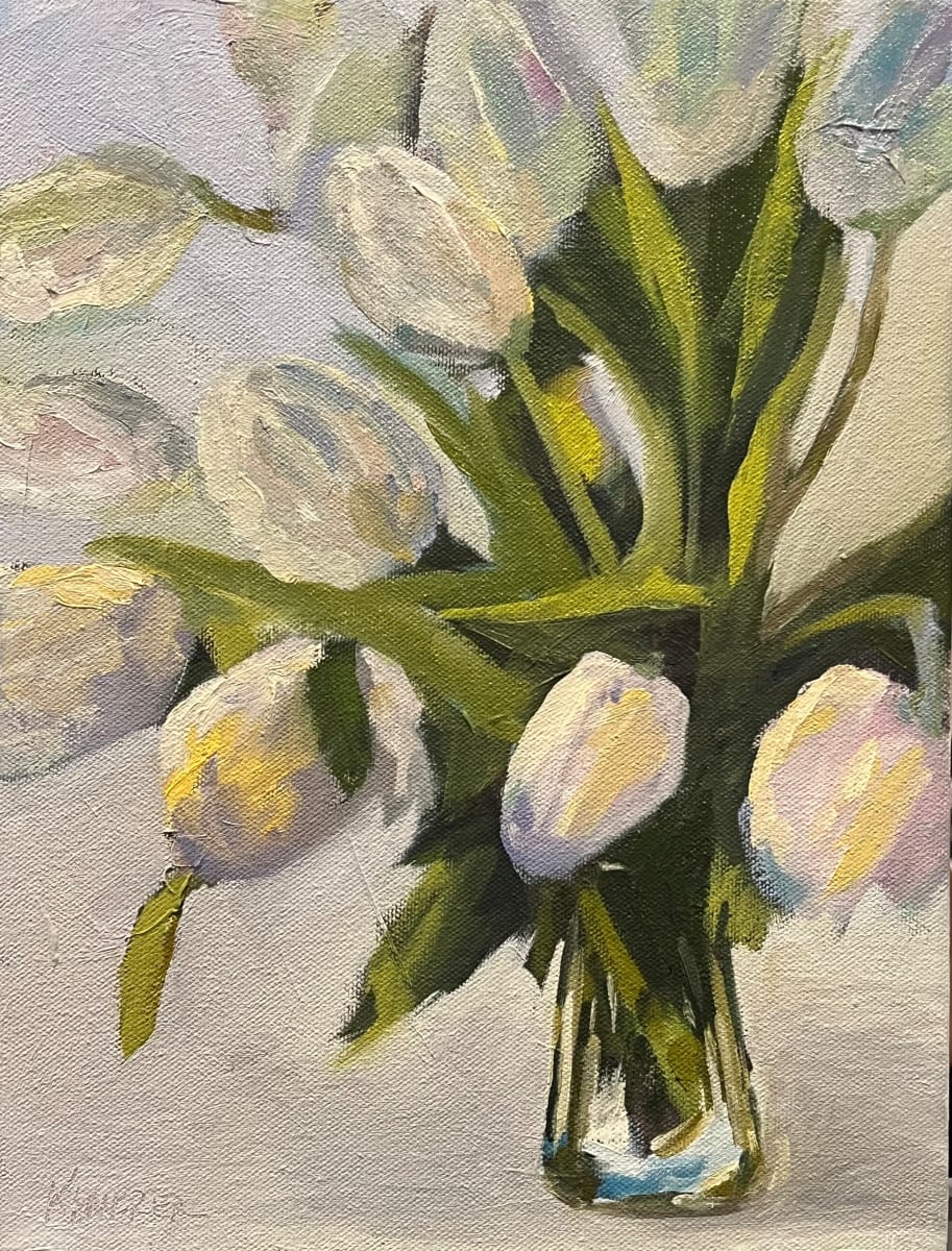 Buy Yourself Flowers by Mary Kamerer Impressionist Painting  Image: I love finding the subtle color in white flowers and these tulips are no exception! A lovely way to bring a modern touch of nature indoors with soft shades of blues, yellow, pinks and vibrant greenery. Framed in a warm silver museum-style frame.