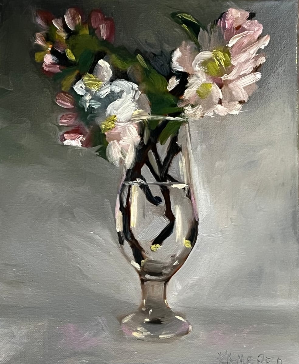 Apple Blossoms by Mary Kamerer Impressionist Painting  Image: A few stems of  cherry blossoms, ruffled and pink, make a dramatic contrast to their dark stems in this still life.  Simple strokes give the soft illusion of these multi-flowered blossoms in a vase of water.  Framed in a warm silver museum-style frame. 