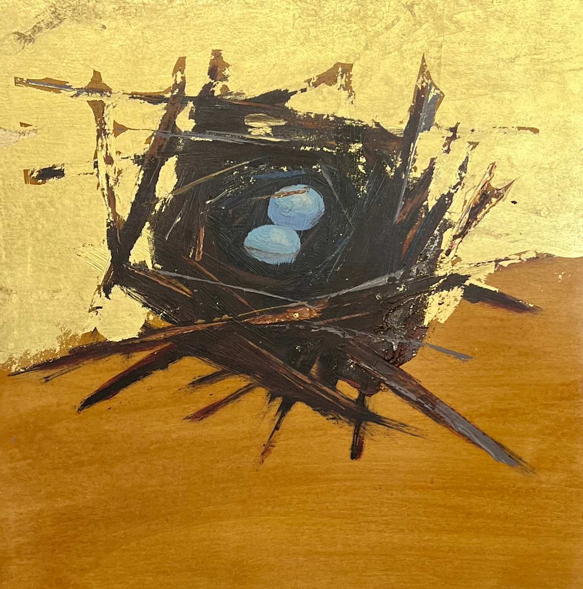 Gilded Refuge. Two Eggs by Mary Kamerer Impressionist Painting  Image: This stunning mixed-media painting captures the delicate beauty of a bird’s nest cradling three sky-blue eggs, a symbol of hope, renewal, and the warmth of home. Expressively painted with rich, earthy brushstrokes, the nest’s dynamic texture contrasts beautifully against the luminous gold-leaf background, evoking a sense of both sanctuary and elegance.

The warm wood tones and contemporary floater frame enhance its organic yet refined presence, making it a striking addition to any space. Whether hung in a cozy nook or as a focal point in a modern setting, this piece invites reflection and a deep connection to nature.

Perfect for collectors who appreciate the balance of raw energy and serenity, “Gilded Refuge” transforms your home into a place of comfort and inspiration—just like a nest.