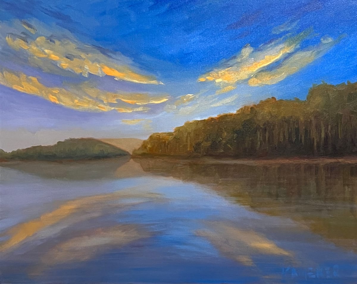 Sundown at  Bass Lake by Mary Kamerer Impressionist Painting  Image: Clouds in a vibrant sky are caught in reflection on a perfectly calm Bass Lake.