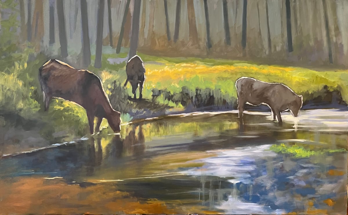 Where the Cattle Come to Drink by Mary Kamerer Impressionist Painting  Image: Something about seeing the cows along this stream felt very dreamlike and calming. It gives me a moment to take a little breather and escape to a simpler place.  Can you feel  that too with this painting?