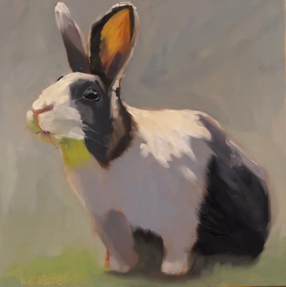 Black and White Rabbit 4 by Mary Kamerer Impressionist Painting  Image: A classic look in black-and-white, this sweet rabbit is perfect for that little  spot for just a touch of something fun. Framed in a natural maple floater frame, this sweet still life is perfect for bringing the natural element into your home or a perfect gift for someone you love.