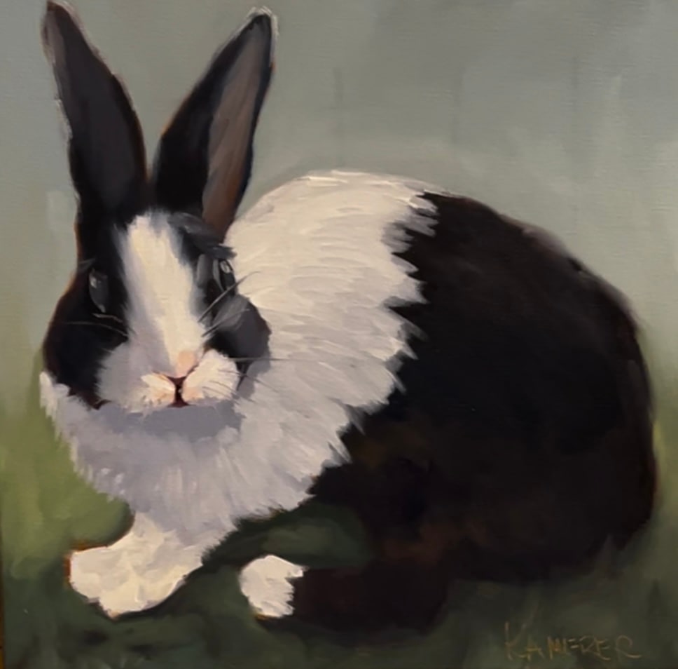 Black and White Rabbit 5 by Mary Kamerer Impressionist Painting  Image: A classic look in black-and-white, this sweet rabbit is perfect for that little  spot for just a touch of something fun. Framed in a natural maple floater frame, this sweet still life is perfect for bringing the natural element into your home or a perfect gift for someone you love.