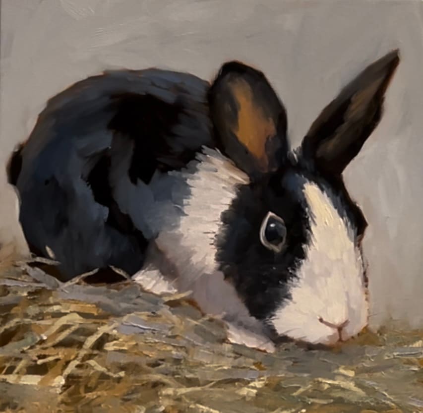 Black and White Rabbit 1 by Mary Kamerer Impressionist Painting  Image: A classic look in black-and-white, this sweet rabbit is perfect for that little  spot for just a touch of something fun. Framed in a natural maple floater frame, this sweet still life is perfect for bringing the natural element into your home or a perfect gift for someone you love.