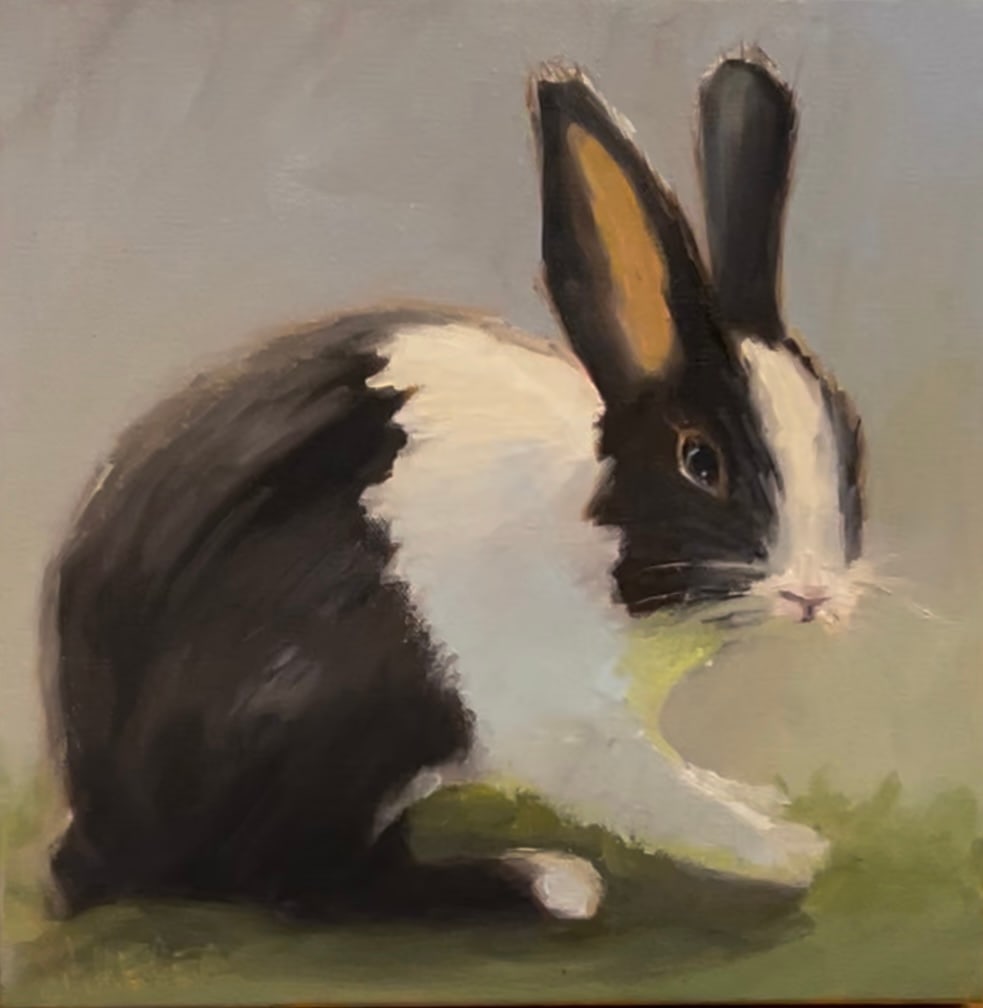 Black and White Rabbit 3 by Mary Kamerer Impressionist Painting  Image: A classic look in black-and-white, this sweet rabbit is perfect for that little  spot for just a touch of something fun. Framed in a natural maple floater frame, this sweet still life is perfect for bringing the natural element into your home or a perfect gift for someone you love.