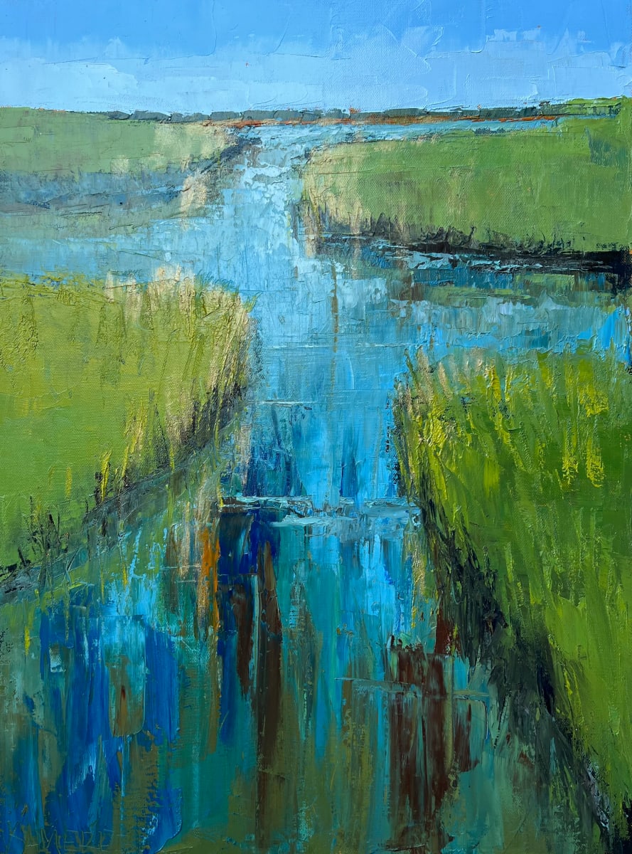 Spring Marsh by Mary Kamerer Impressionist Painting  Image: Low country Spring embodied! Blues, greens and golds are brought together in my textured piece of Spring. I used mostly palette knife to sculpt into this beauty, framed in a natural wood floating frame.