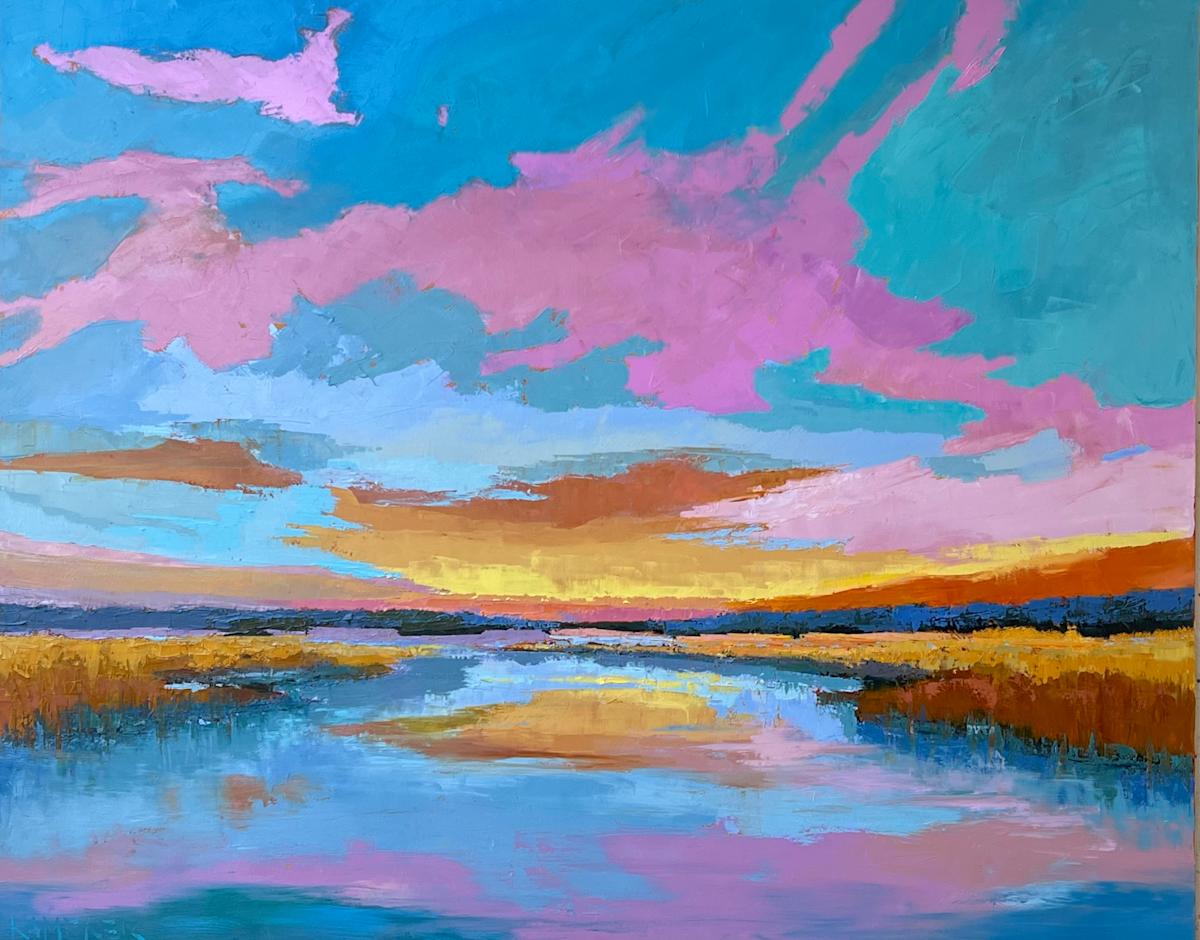 Opaline Marsh by Mary Kamerer Impressionist Painting  Image: “Created for lovers of color, Opaline Marsh is a glowing display of saturated pinks, corals, and golden light that shimmer like glass on the water. This is not a shy piece — it’s designed to stand out and become the centerpiece of a space. Its bold palette enlivens rooms with soft neutral walls or adds a luxurious counterpoint to moody, dramatic interiors. This painting offers both impact and elegance, making it a perfect choice for a collector who wants to celebrate color in a refined way.”