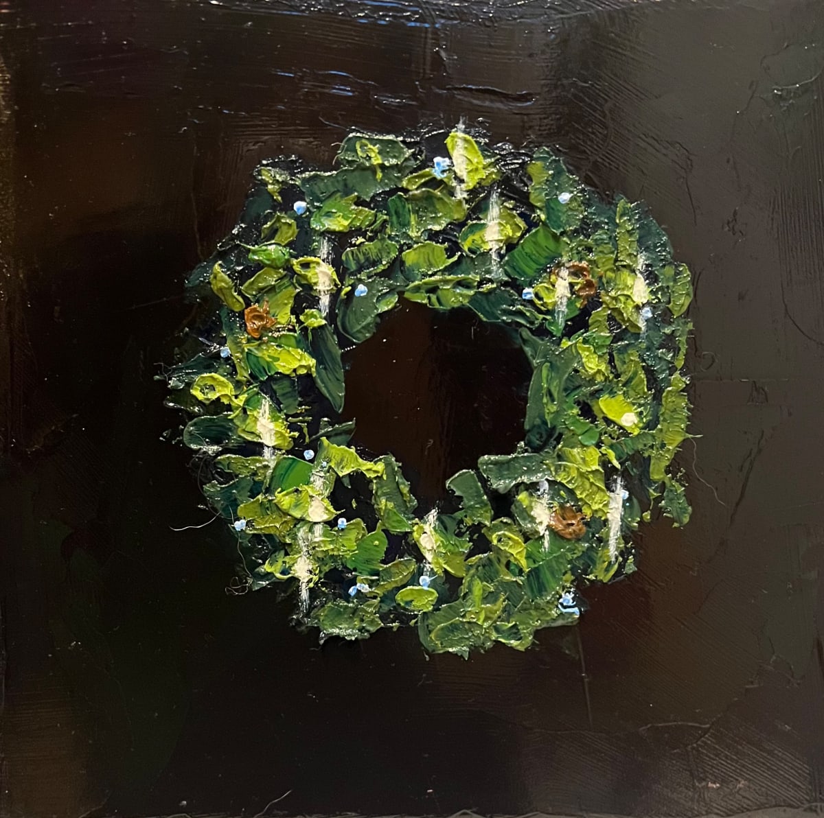 Wreath 3 by Mary Kamerer Impressionist Painting  Image: As if set against the stillness of a winter's night, these wreaths are textured paint against a nearly black palette knife background. Shades of green form a simple, natural wreath with only the sparkle of white lights illuminating from among the branches. Painted on cradled wood panel, these original artworks are able to stand kn their own on a table or bookshelf or can be hung on a wall, as their edges are finished in metallic gold oil paint. Limited edition of four.