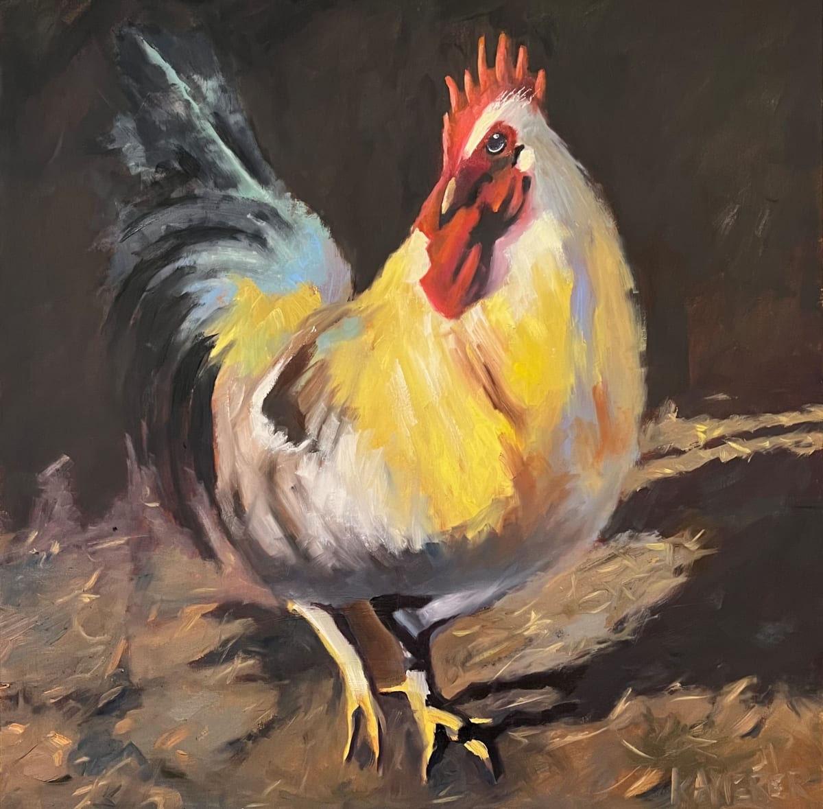 Struttin’ by Mary Kamerer Impressionist Painting  Image: This colorful fellow really pops on his dark background   Taking elements from traditional chiaroscuro, I really wanted to emphasize the light and shadows in this painting.  He’s got a modern twist in color and style. Perfect for that office or kitchen. Framed in a natural wood floating frame.   I guess you could say he’s a lot to crow about
