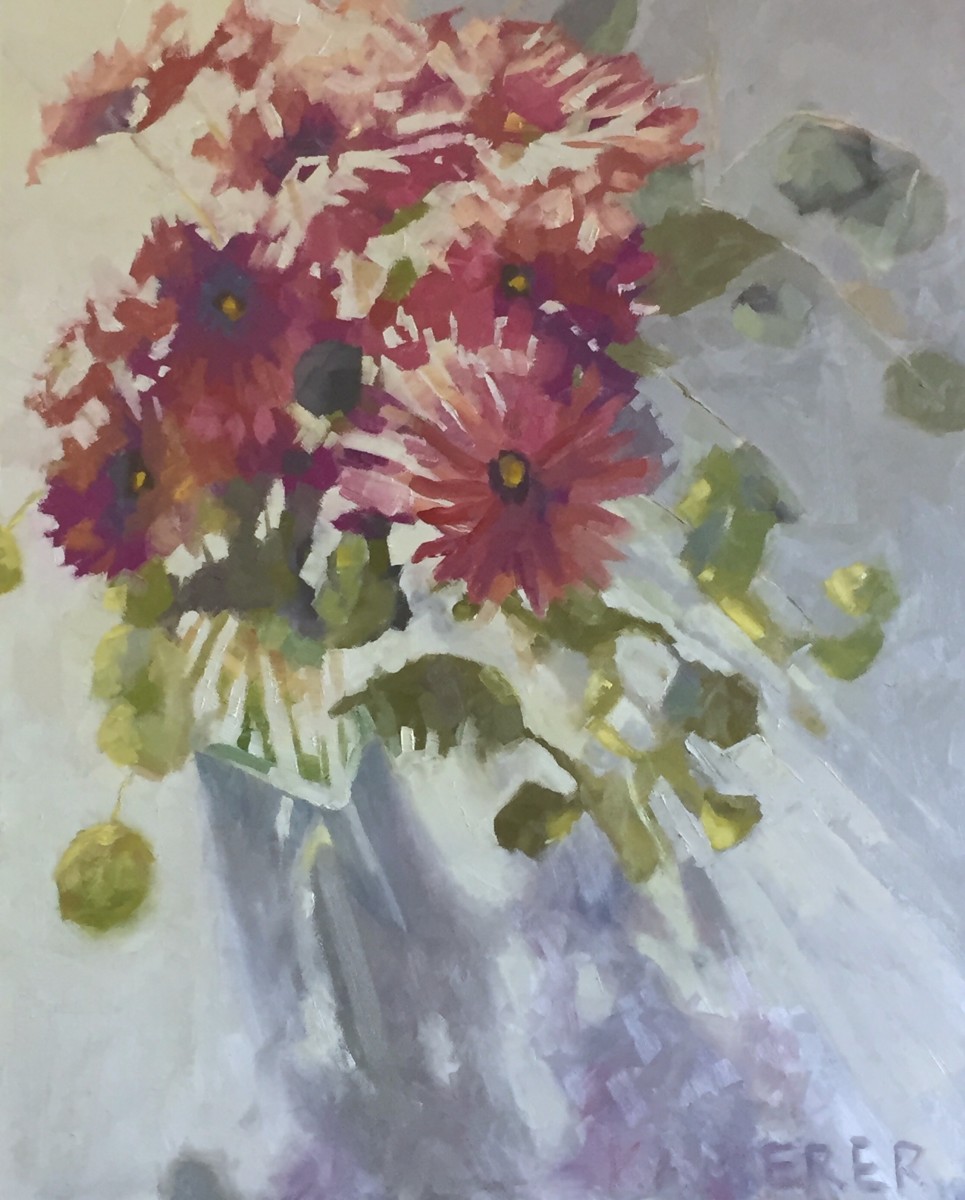 Pink Gerbera Daisies in Light by Mary Kamerer Impressionist Painting 