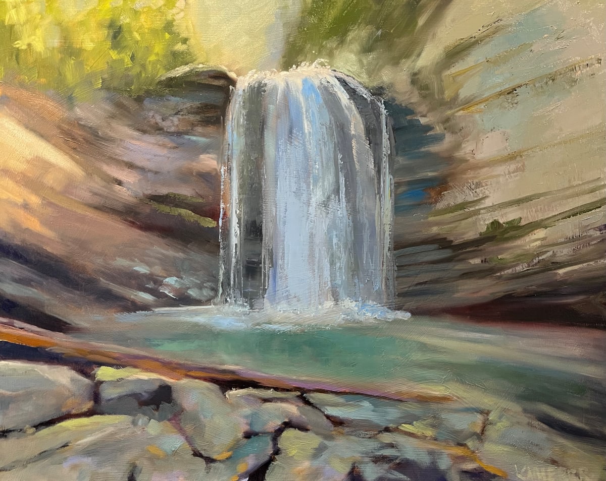 Looking Glass Falls by Mary Kamerer Impressionist Painting  Image: Painting waterfalls is a challenge for me. There are so many colors in the water—warm blues, cool blues, grays, greens. And your mind is saying, “It’s flowing WATER! Add white and paint in verticals!” That’s really hard to ignore. I want to capture the liveliness of the water, see the nuances of depth and rhythm.
Grabbing my trusty palette knife, I mixed some rather dark grays and violets. Going in horizontal direction, I added dark to the left side. At last, the water began to “thin” and the rock behind the water began to show.
