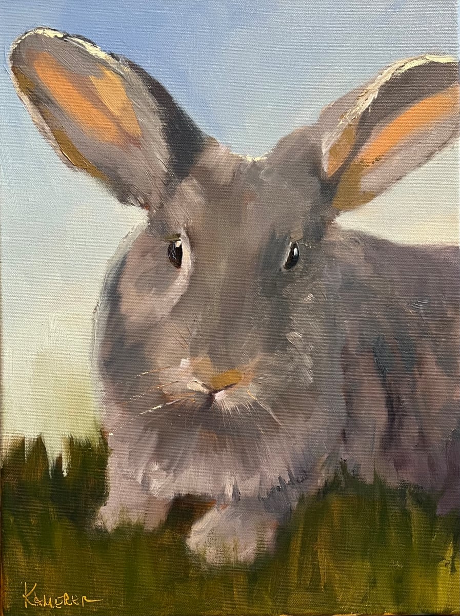 Velveteen by Mary Kamerer Impressionist Painting  Image: All the while I painted this fellow ai could have sworn I could pet him!  His soft tones in warm grays and neutrals give him a velvety feel. Framed in a neutral wood floating frame.