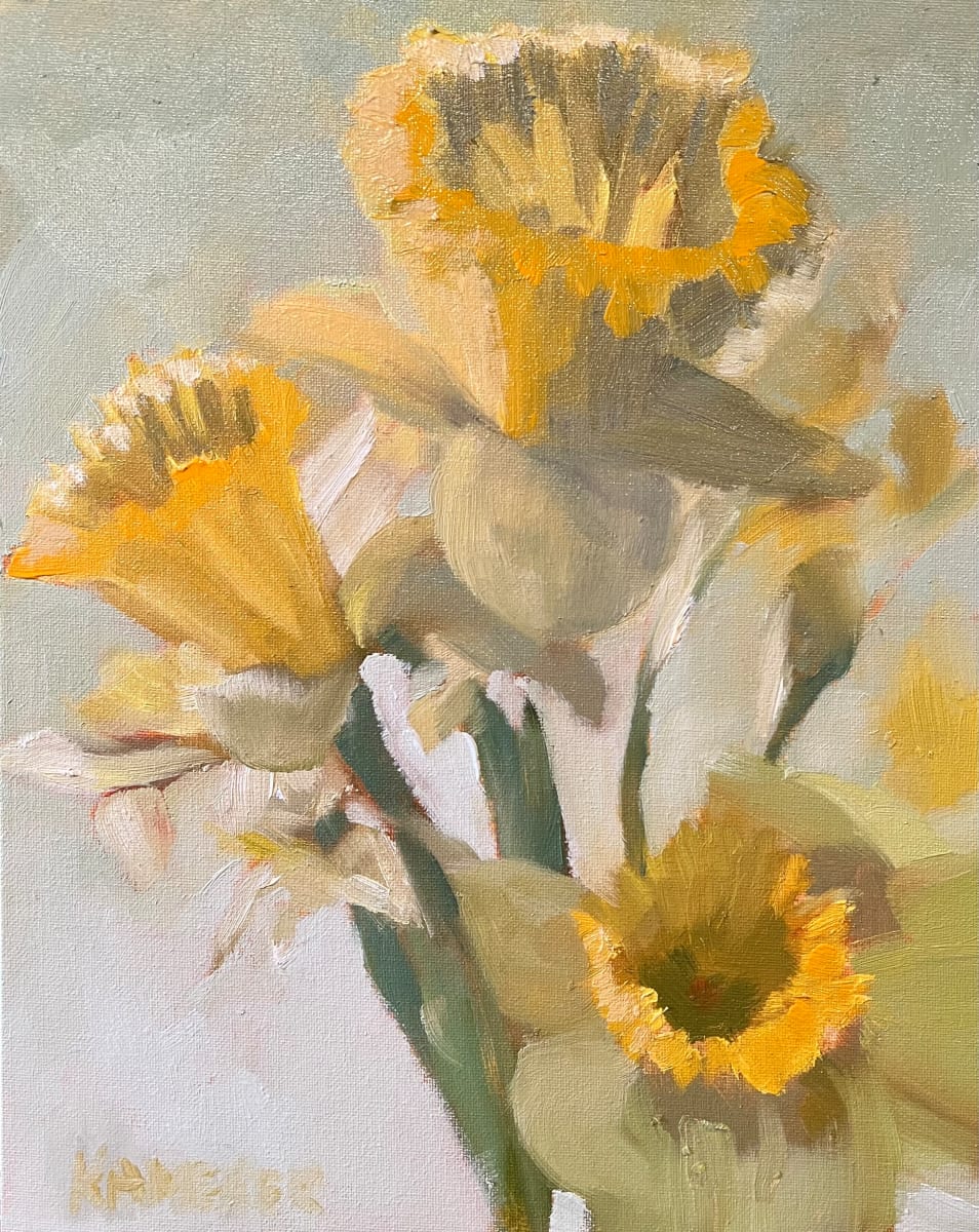 Daffodils in Morning Sun by Mary Kamerer Impressionist Painting  Image: Daffodils herald Spring with their frilled trumpets of sunny yellow. These three capture the best of Spring flowers in light and shadow.