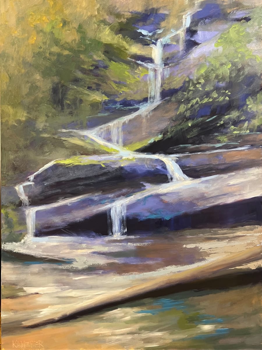 Linville Falls by Mary Kamerer Impressionist Painting  Image: Linville Falls have an almost abstract staggering of the rocks leading up the hillside. The water “connects” the shapes, and I loved the way this painting felt perfect for a modern touch in a contemporary home. 