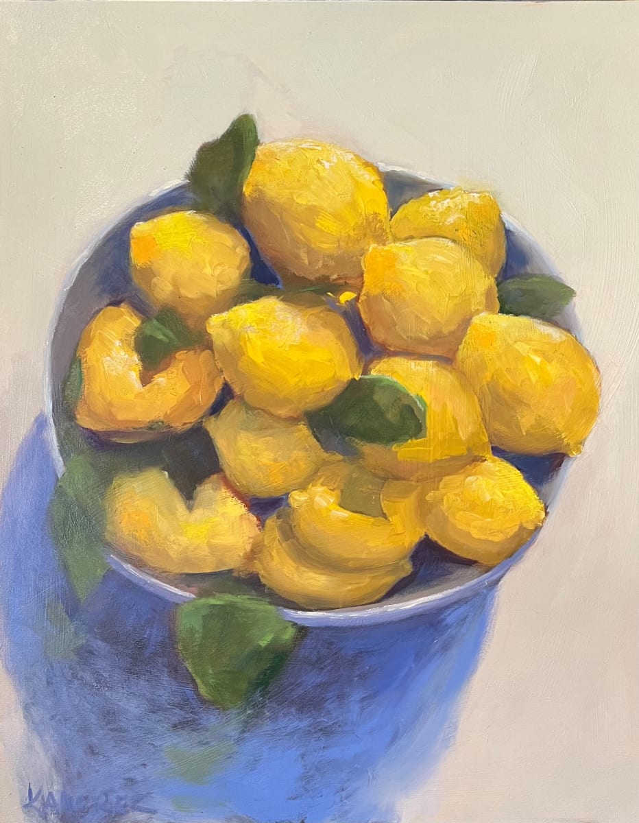 Lemon Bowl by Mary Kamerer Impressionist Painting  Image: When I picked my lemons this winter, I placed the stoneware bowl at my feet. The sun was shining and giving the most beautiful early morning light.  I picked and stacked the firm yellow fruit, and there below me was the  most perfect still life.  I grabbed my camera and snapped away, knowing I could later capture this sweet moment on canvas. 
