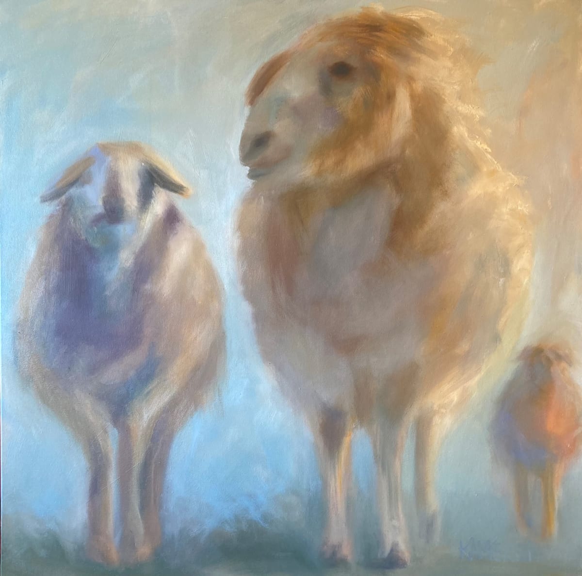 Bold Ewe by Mary Kamerer Impressionist Painting  Image: Softy painted in multiple layers, this unique piece shows all the best elements of my work:  brush and palette knife mark-making, a variety of light and shadow and a soothing color palette. 