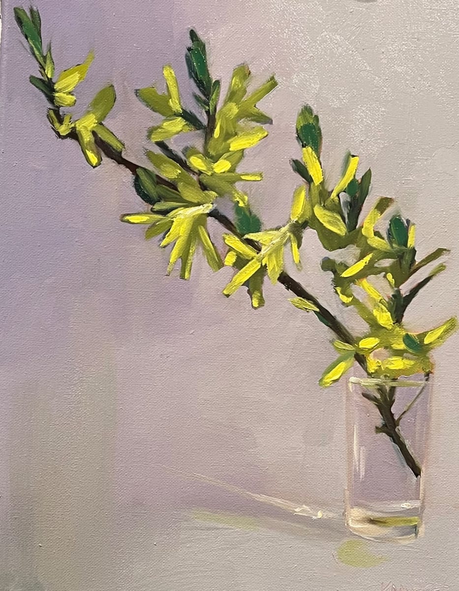 Forsythia Branch by Mary Kamerer Impressionist Painting  Image: When I think of Spring flowers, I often think of the glorious forsythia that stood at the corner of our front porch. It was a favorite of my mother’s and every year she would announce that her forsythia had bloomed—-a sure sign of Spring. 
Those bright yellow petals always seemed to coincide with Easter, flagging the announcement of new Sunday dresses and sweet anise breads topped with sugar sprinkles.  A simple still life of a forsythia branch in water was a sweet, meditative way to remember mom and the house.  This still life is framed in a warm silver museum-style frame. 