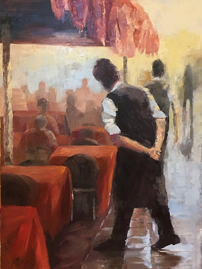 Waiting for the Morning Rush by Mary Kamerer Impressionist Painting 