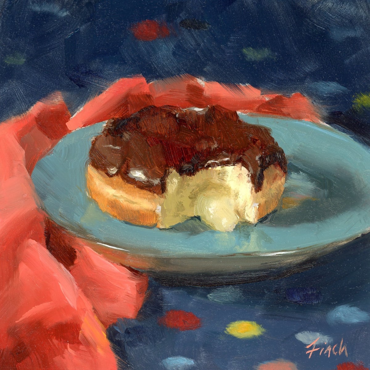 Boston Cream Party by Rebecca Finch  Image: A friend recently confessed she went through Dunkin Donut's drive thru and after ordering a coffee found herself adding a Boston Cream Donut to the order that was unusual for her. Turns out she had just seen this painting posted on Facebook earlier that day. I take full responsibility for the extra calories.