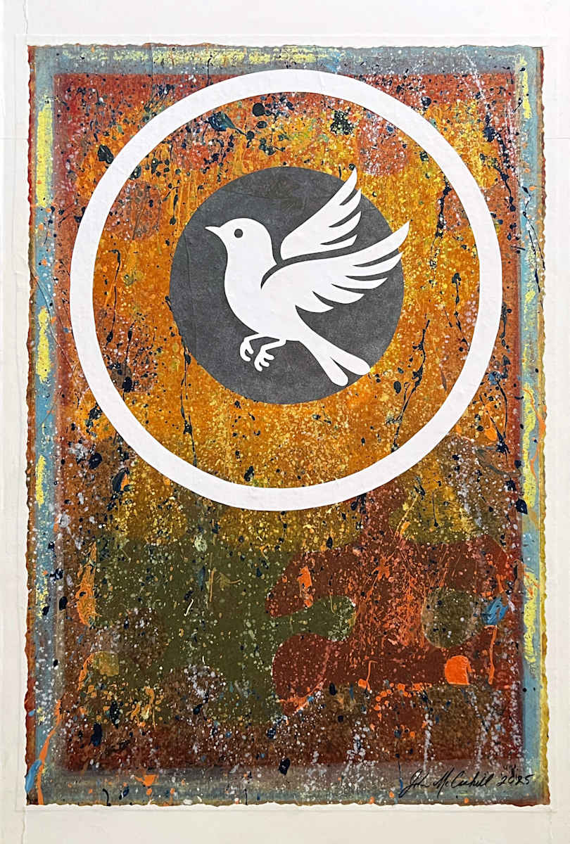 Unbound by John McCaskill  Image: “Unbound — a celebration of freedom, flight, and fearless movement. A white bird rises against a sunlike compass, surrounded by swirling textures and bursts of color that evoke transformation, release, and the power of taking flight.”